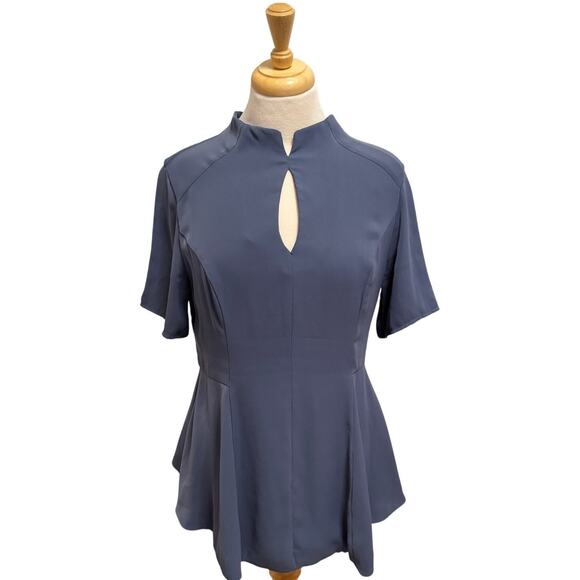 August 1 Eight Mandarin Collar Cutout Peplum Lined Blouse Sz M Blue Office Femme - Picture 1 of 8